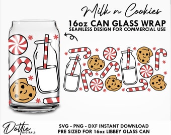 Milk and Cookies Candy Glass SVG Festive Santa Snacks Christmas 16oz Can Wrap Svg PNG DXF Cup Cut File Digital Download