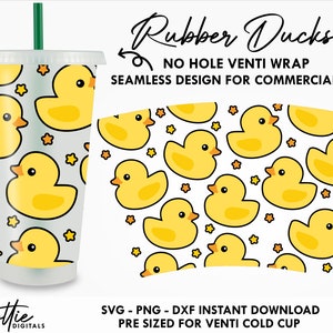 Rubber Ducks Sbux Cold Cup No Hole SVG PNG DXF No Gap Yellow Rubber Ducky Duckie Full Wrap Cutting File 24oz Venti Cup Digital