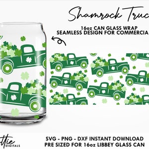 Shamrock Trucks Libbey Glass Wrap SVG - 16oz Libbey Can St Patricks Day Clovers Svg PNG DXF Libbey Cup Cutting File Instant Digital Download