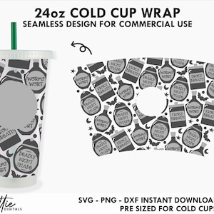 May include: A clear 24oz cold cup with a green straw, featuring a seamless black and white design. The design includes potion bottles with text like "Deadly Night Shade" and "Worms Wort". The cup wrap is also shown.