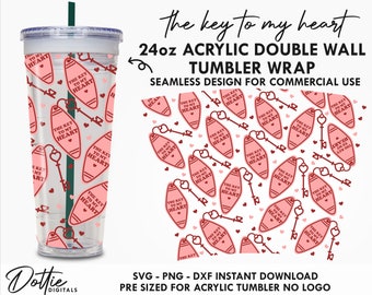 Key To My Heart Motel Sbux 24oz Acrylic Tumbler No Hole Valentines Day SVG PNG DXF Double Wall 24oz Venti Cup Snow Globe - Dottie Digitals