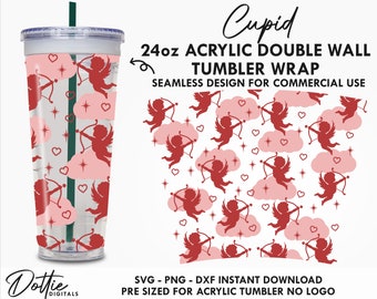 Cupid Sbux 24oz Acrylic Tumbler No Hole Valentines Day Cherubs SVG PNG DXF Love Double Wall 24oz Venti Cup Snow Globe - Dottie Digitals
