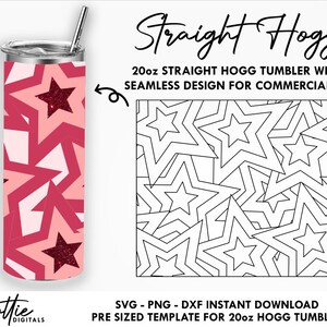 May include: A 20oz straight tumbler wrap design featuring a seamless pattern of pink and white stars. The design is pre-sized for a 20oz straight tumbler and is available for instant download in SVG, PNG, and DXF formats.