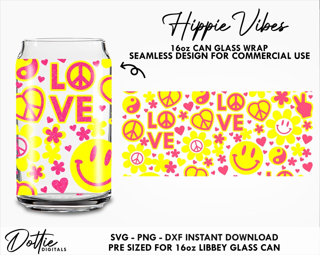Hippie Vibes 16 Oz Glass Can Cutfile SVG PNG DXF - Hippy 70's 80's ...