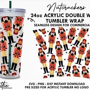 Puede incluir: Un diseño digital sin costuras con ilustraciones de cascanueces. El diseño está predimensionado para una envoltura de vaso acrílico de doble pared de 24 onzas. El diseño está disponible para descarga instantánea en formatos SVG, PNG y DXF. El texto "Nutcrackers" está en la parte superior de la imagen. El texto "24oz ACRYLIC DOUBLE WALL TUMBLER WRAP" está debajo de la palabra "Nutcrackers". El texto "SEAMLESS DESIGN FOR COMMERCIAL USE" está debajo del texto "24oz ACRYLIC DOUBLE WALL TUMBLER WRAP". El texto "SVG - PNG - DXF INSTANT DOWNLOAD" está en la parte inferior de la imagen. El texto "PRE SIZED FOR ACRYLIC TUMBLER NO LOGO" está debajo del texto "SVG - PNG - DXF INSTANT DOWNLOAD".