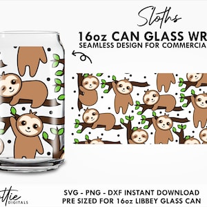 Sloths 16 oz Glass Can Cutfile SVG PNG DXF - Cute Sleeping Sloth 16oz Can Wrap Cup Cutting File - Instant Digital Download