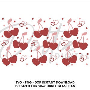 May include: A digital design featuring a pattern of red cherries with heart-shaped leaves and pink hearts on a white background. The design is pre-sized for a 20 ounce Libbey glass can.