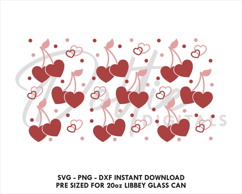 May include: A digital design featuring a pattern of red cherries with heart-shaped leaves and pink hearts on a white background. The design is pre-sized for a 20 ounce Libbey glass can.