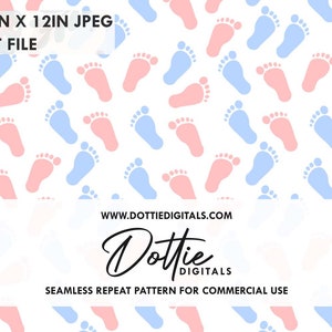 May include: A seamless repeat pattern featuring alternating pink and blue footprints on a white background. The pattern is 12 inches by 12 inches and is available as a JPEG and a PAT file. The text "WWW.DOTTIEDIGITALS.COM" and "Dottie DIGITALS" is at the bottom of the image. The text "SEAMLESS REPEAT PATTERN FOR COMMERCIAL USE" is also at the bottom of the image.