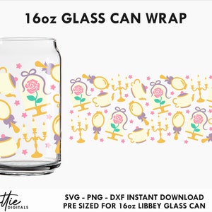 Beauty SVG 16oz Libbey Can Svg Wrap PNG DXF Princess fairytale Cutting File Digital Download Glass Beer Can Wrap Template - Teapot Rose Jar