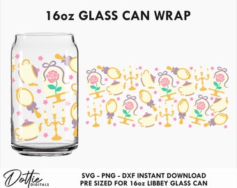 Beleza SVG 16oz Libbey Can Svg Wrap PNG DXF Princesa conto de fadas Arquivo de corte Download digital Modelo de embalagem de lata de cerveja de vidro - Bule de rosa