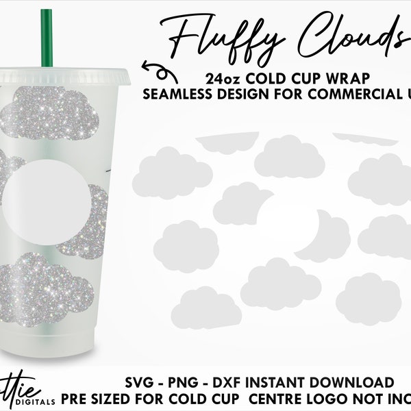 Fluffy Clouds Sbux Cold Cup SVG PNG DXF Cut File 24oz Cloudy Cloud Sky Rain Venti Cup Instant Digital Download Coffee Tumbler