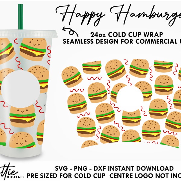 Hamburgers Sbux Cold Cup SVG PNG DXF Cut File 24oz Cute Cheese Burger Fast Food Venti Cup Instant Digital Download Coffee Tumbler