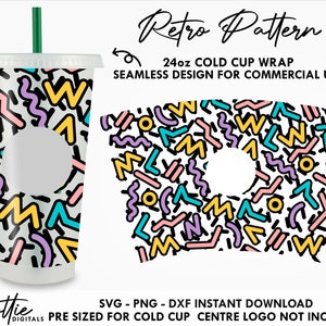 Retro Muster Sterne Cold Cup SVG PNG Dxf Memphis geometrische Formen schneiden Datei 24 Unzen Venti Cup Instant - Vinyl Cricut Cameo Vorlage