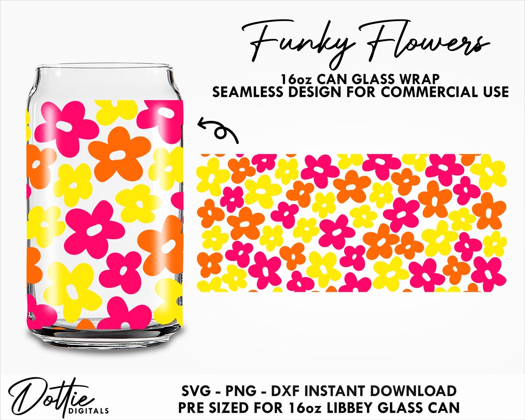 Funky Flowers Glass Wrap SVG Retro 80's Floral Groovy Peace 16oz Can ...