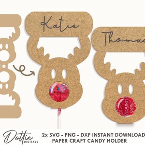 Porta lecca-lecca caramelle renna personalizzato SVG PNG Dxf - Porta cioccolato natalizio - Artigianato per carte fai da te natalizie - File con nome personalizzato