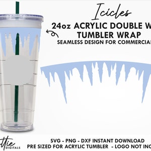 Könnte beinhalten: Ein digitaler Download-Design für eine 24 Unzen doppelwandige Acryl-Tumbler-Hülle. Das Design verfügt über ein nahtloses Muster aus blauen Eiszapfen. Der Text "Icicles" und "24oz ACRYLIC DOUBLE WALL TUMBLER WRAP" ist im Design enthalten. Der Text "SEAMLESS DESIGN FOR COMMERCIAL USE" ist ebenfalls im Design enthalten. Der Text "SVG-PNG- DXF INSTANT DOWNLOAD" und "PRE SIZED FOR ACRYLIC TUMBLER - LOGO NOT INCLUDED" ist im Design enthalten.