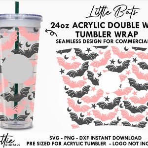 Cute Little Bats Sbux 24oz Halloween Haunted House Acrílico Vaso SVG PNG DXF Doble pared 24oz Venti Cup Snow Globe Confetti Cup