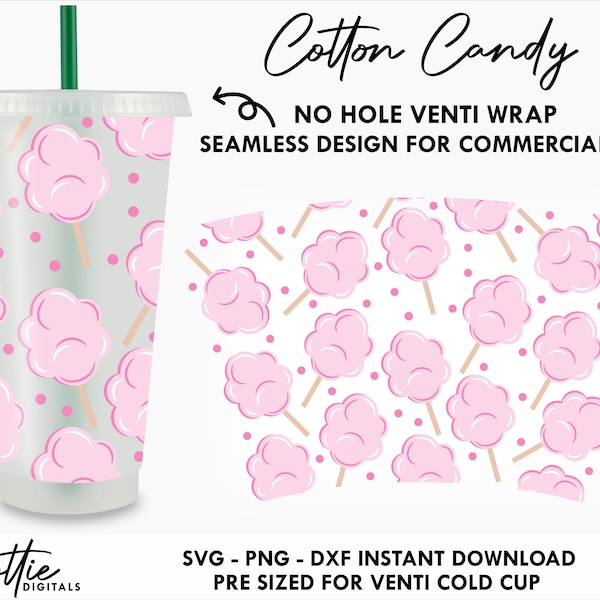 Cotton Candy Sbux Cold Cup No Hole SVG PNG DXF No Gap Candy Floss Full Wrap Cutting File 24oz Venti Cup Digital Download