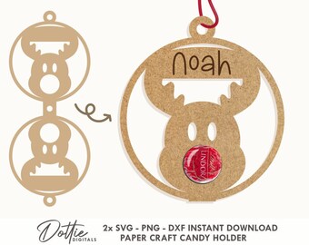Personalised Reindeer Bauble Candy Lollipop Holder SVG PNG Dxf - Christmas Chocolate Holder Tree Ornament - Custom Holidays Diy Card Craft