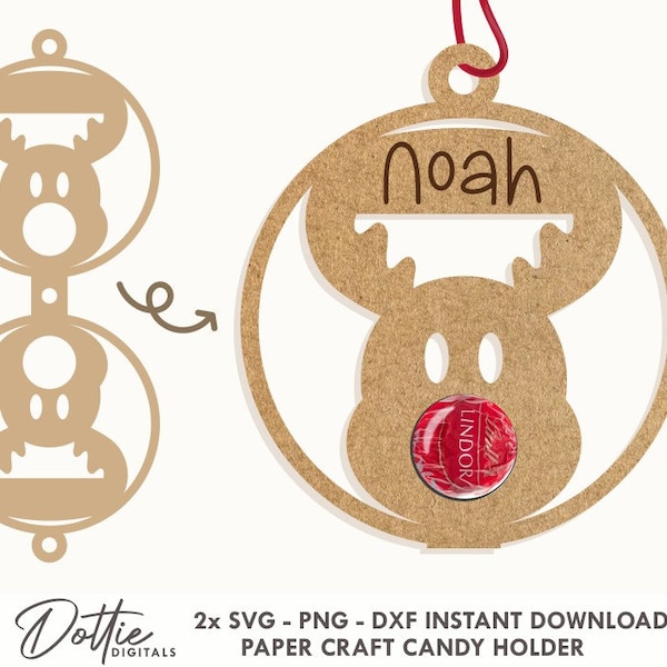 Personalised Reindeer Bauble Candy Lollipop Holder SVG PNG Dxf - Christmas Chocolate Holder Tree Ornament - Custom Holidays Diy Card Craft