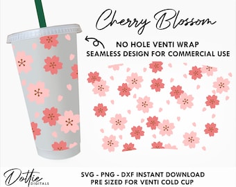 Cherry Blossom Sbux Cold Cup No Hole  SVG PNG Dxf No Gap Oriental Flowers Full Wrap Cutting File 24oz Venti Cup Digital File