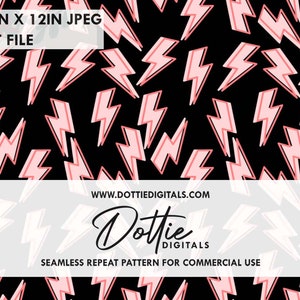 Könnte beinhalten: Ein nahtloses sich wiederholendes Muster mit rosa Blitzen auf schwarzem Hintergrund. Das Muster ist 30,48 cm x 30,48 cm groß und als JPEG- und PAT-Datei verfügbar. Der Text "WWW.DOTTIEDIGITALS.COM" und "Dottie DIGITALS" ist ebenfalls im Bild enthalten. Der Text "SEAMLESS REPEAT PATTERN FOR COMMERCIAL USE" ist ebenfalls im Bild enthalten.