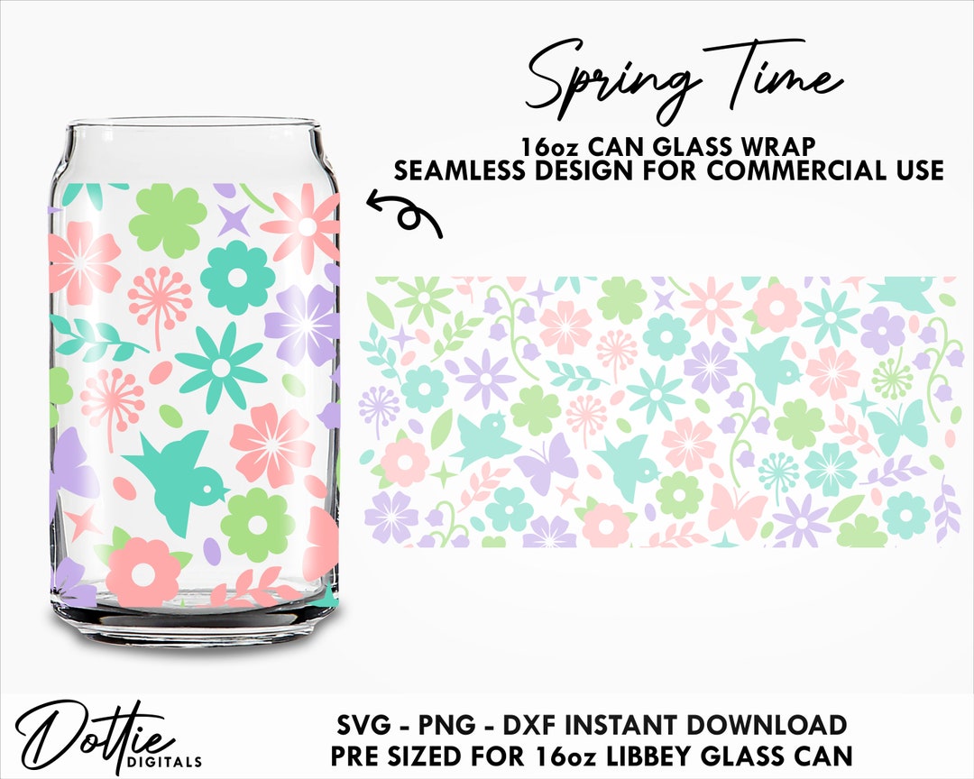 Spring Time Flowers 16 Oz Glass Can Cutfile SVG PNG DXF - 16oz Can Wrap ...