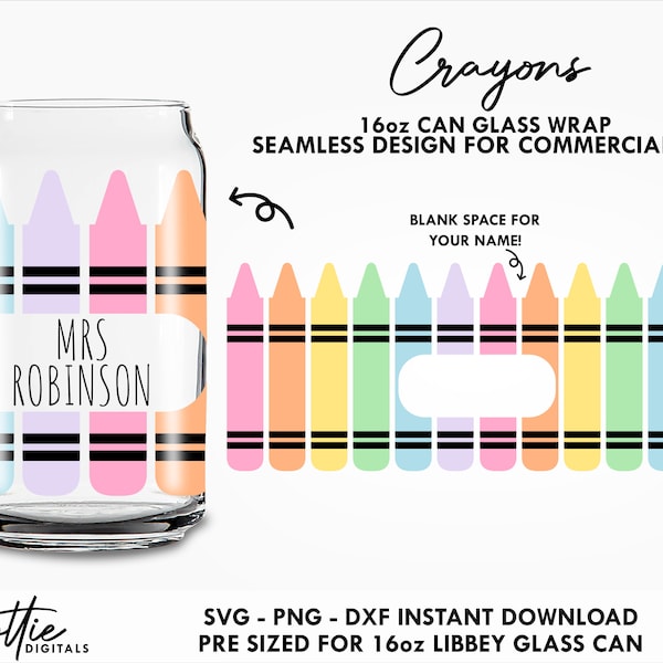 Diseño SVG para envolver latas de vidrio de 16 oz con nombre y crayón, regalo para maestros (descarga digital)