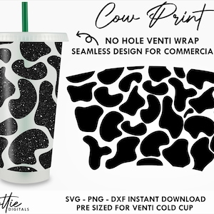 Può includere: Un design a stampa di mucca bianco e nero per un involucro di tazza fredda riutilizzabile. Il design è senza cuciture e pre-dimensionato per una tazza fredda venti. "Cow Print" e "No Hole Venti Wrap" sono scritti in testo nero su sfondo bianco.