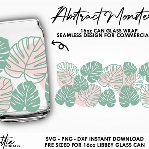 May include: A digital download of a 16oz can wrap design featuring a seamless pattern of abstract monstera leaves in shades of green and pink. The design is pre-sized for a 16oz Libbey glass can.