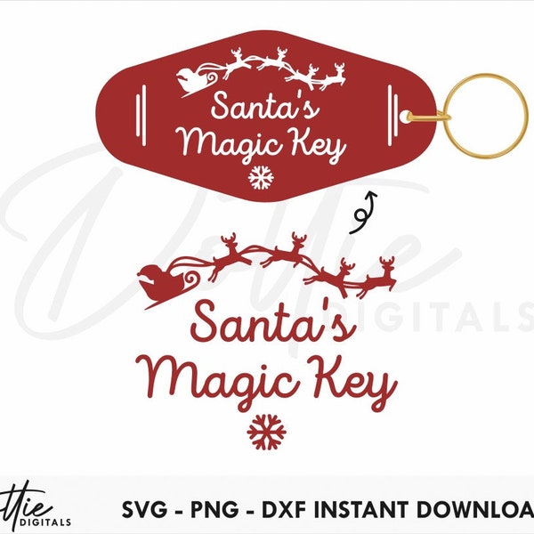 Santa's Magic Key Christmas Motel Keychain SVG PNG DXF - Retro Hotel Keyring Template Design Svg, Cutting File Design - Festive Xmas Sleigh