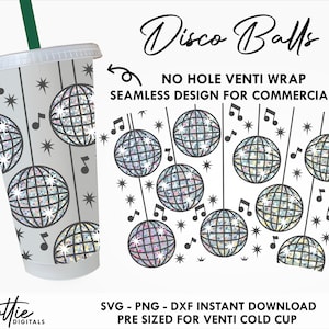 Op de afbeelding: Een digitaal ontwerp voor een herbruikbare koude beker met een naadloos patroon van discoballen, muzieknoten en sterren. Het ontwerp is vooraf geformatteerd voor een Venti koude beker en is beschikbaar voor directe download in SVG, PNG en DXF-formaten.