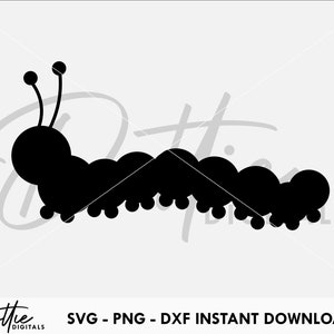 Könnte beinhalten: Schwarze Silhouette einer Raupe mit einem großen Kopf und zwei Antennen. Die Raupe besteht aus 10 Segmenten.