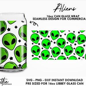 Aliens 16 oz Glass Can Cutfile SVG PNG DXF - Outer Space 16oz Can Wrap Cup Cutting File - Sci-Fi Instant Digital Download