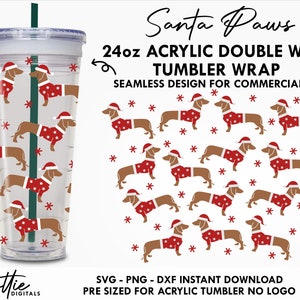 Santa Pfoten Wurst Hund 24oz Acryl Becher No Hole SVG PNG DXF Festliche Doppelwand 24oz Venti Tasse - Business Lizenz