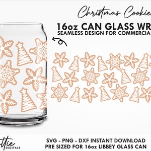May include: A seamless design for a 16oz can glass wrap featuring a pattern of white gingerbread cookies in the shape of snowflakes and Christmas trees on a light brown background. The design is pre-sized for a 16oz Libbey glass can.