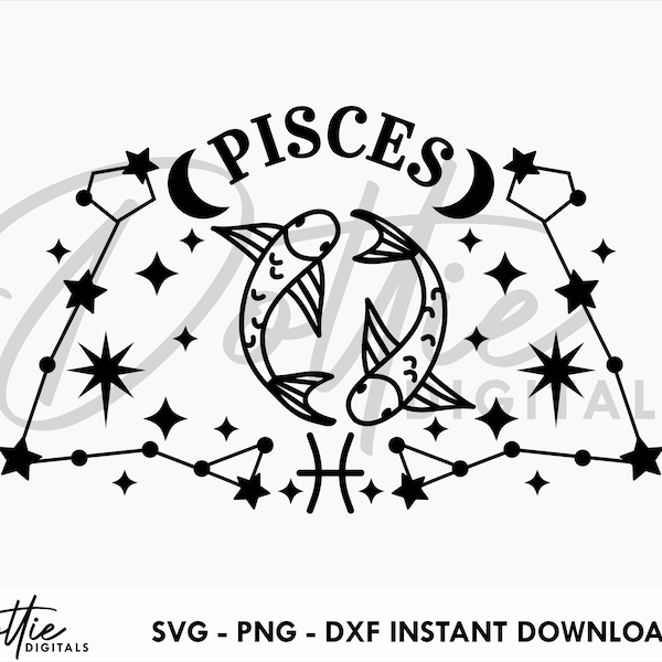 Pisces SVG PNG DXF Star Sign Cutting File Design - Fish Astrology Zodiac Symbol Craft File - Constellation Stars Birthday