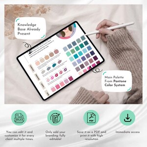 May include: A digital tablet displaying a color palette with various shades of foundation, eyeshadow, and lipstick. The text "Knowledge Base Already Present" and "Main Palette From Pantone Color System" are visible. A stylus is held near the screen.