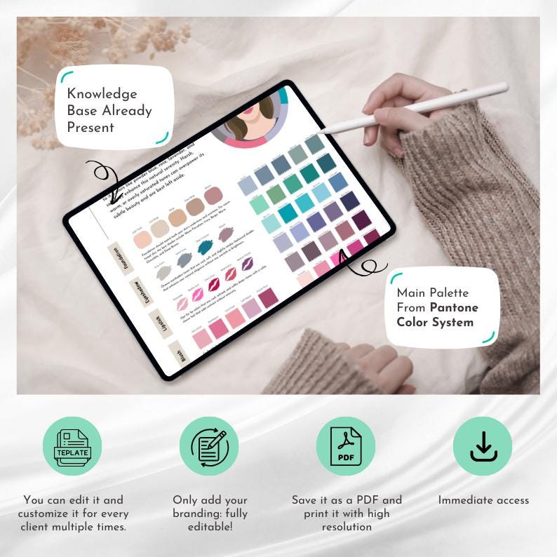 May include: A digital tablet displaying a color palette with various shades of foundation, eyeshadow, and lipstick. The text "Knowledge Base Already Present" and "Main Palette From Pantone Color System" are visible. A stylus is held near the screen.