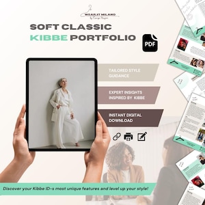 May include: A digital download of a Soft Classic Kibbe Portfolio PDF guide. The guide features a woman wearing a white suit and a tailored style guidance section. The text "WEAR.IT MILANO" is at the top of the image.