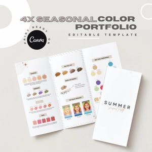 May include: A white and gray brochure titled "4X SEASONAL COLOR PORTFOLIO" with the Canva logo. The brochure is open, displaying color palettes for foundation, eyeshadow, and blush, along with hair color and jewelry suggestions. The cover reads "SUMMER Seasonal Palette."