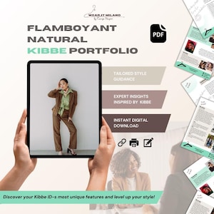 May include: A digital download for a Kibbe style guide, featuring a woman wearing a brown patterned suit jacket and pants. The text on the image reads "Flamboyant Natural Kibbe Portfolio, Tailored Style Guidance, Expert Insights Inspired by Kibbe, Instant Digital Download, PDF".