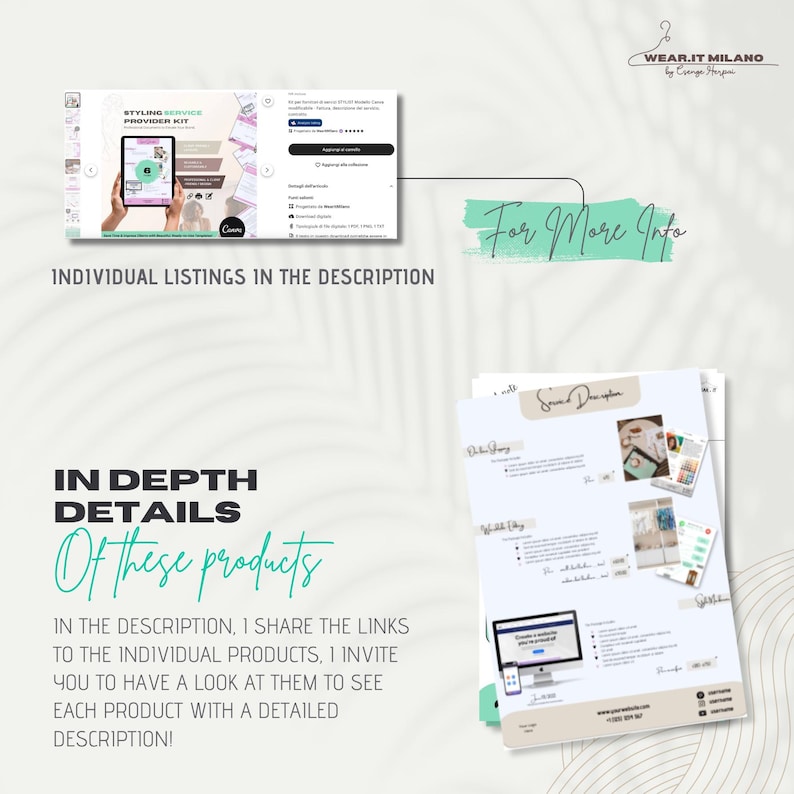 May include: A digital product listing for a styling service provider kit. The image shows a computer screen with a mockup of a kit, and the text "Styling Service Provider Kit". The text "In Depth Details Of These Products" is also visible. The text "In the description, I share the links to the individual products, I invite you to have a look at them to see each product with a detailed description!" is also visible.