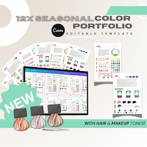 May include: A digital design featuring a computer monitor displaying a color palette, surrounded by printed pages. The text reads "12X SEASONAL COLOR PORTFOLIO" and "EDITABLE TEMPLATE". The image includes illustrations of hair and makeup tones.