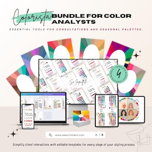 May include: A digital marketing bundle for color analysts, featuring a variety of color palettes, charts, and templates. The bundle includes four complete color analysis guides, a color wheel, and a digital color palette tool. The text "So Impactful!" is visible on the screen.