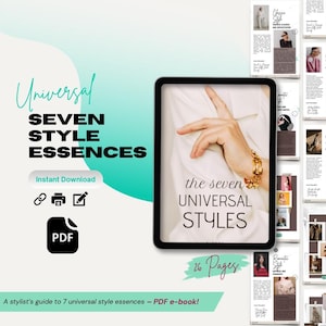 Puede incluir: Una tableta digital que muestra una guía sobre las siete esencias de estilo universales. La guía se titula "Los siete estilos universales" y presenta una mano con una pulsera de oro. La guía tiene 26 páginas y está disponible para descarga instantánea como PDF.
