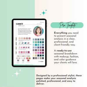 May include: A digital tablet displays a "Summer" seasonal color analysis chart. The chart includes color palettes for eyeshadow, lipstick, and blush, along with text that reads "Pro Template". The image is set against a light green background.