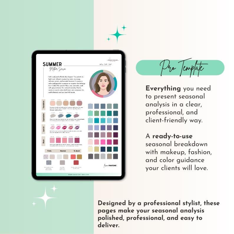 May include: A digital tablet displays a "Summer" seasonal color analysis chart. The chart includes color palettes for eyeshadow, lipstick, and blush, along with text that reads "Pro Template". The image is set against a light green background.