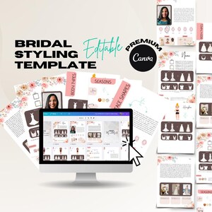 Könnte beinhalten: Ein Computermonitor zeigt eine Brautstyling-Vorlage mit dem Text "BRIDAL STYLING TEMPLATE" und "Editable" in Türkis. Die Vorlage enthält Diagramme von Brautkleidern, Körpertypen und Gesichtsformen. Das Wort "PREMIUM" und das Canva-Logo sind ebenfalls sichtbar.